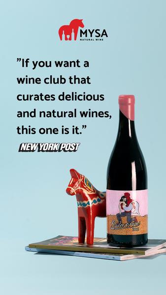 A 9:16 vertical social ad featuring a wine bottle and a testimonial from the New York Post, set against a solid blue background.