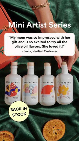 A 9:16 mobile-first ad featuring four olive oil bottles, a verified customer testimonial, and a subtle back-in-stock notification.
