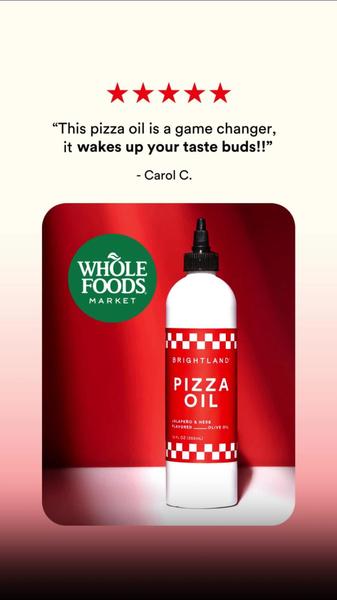 A vertical-format ad showcasing a single pizza oil product bottle centered against a bold red background, topped with a five-star review.