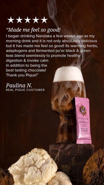 A 9:16 vertical social proof ad featuring a five-star review alongside a steaming product drink and its ingredients.