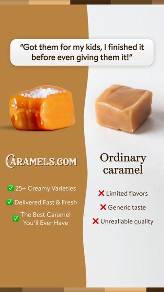 caramel, candy, sweets, confectionery, treats, caramel squares, soft candy, social proof, brand awareness, minimalist, trustworthy, warm, brown, neutral