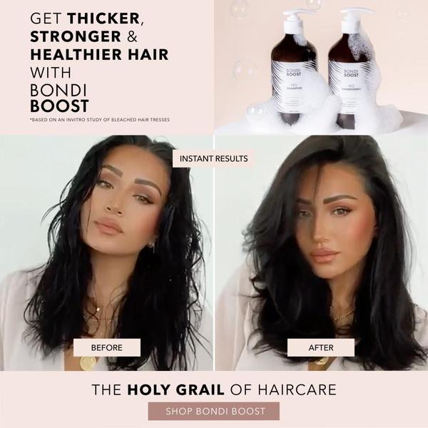 A square-formatted split-screen creative showing a clear before-and-after transformation for a shampoo and conditioner product set.