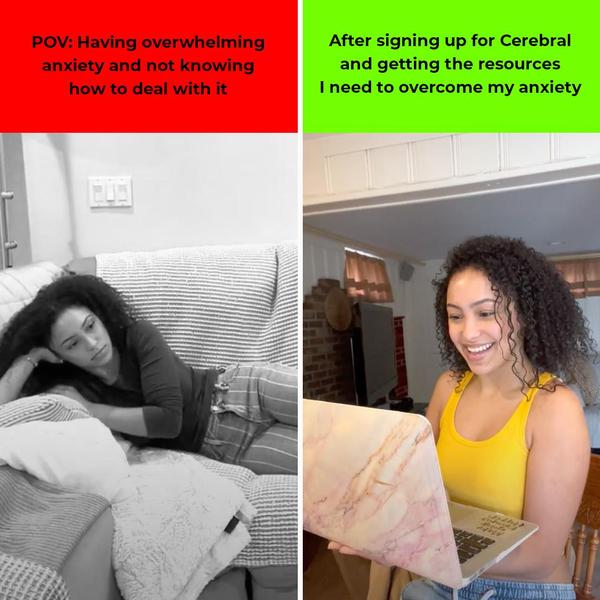 A split-screen comparison showing a user experiencing overwhelming anxiety on the left versus feeling empowered and informed after using the service on the right.
