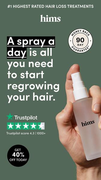 A clean, minimalist 9:16 ad creative featuring a hand holding a hair regrowth spray bottle against a flat, muted green background with trust signals.