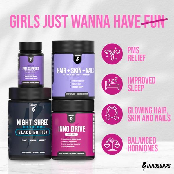 A square-format static ad showing four different supplement containers paired with corresponding benefit icons and text labels, utilizing a bold pink and black color scheme.