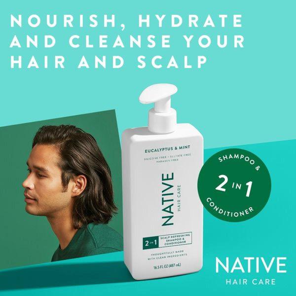 A clean, color-blocked 2-in-1 shampoo and conditioner ad creative featuring a portrait of a model and the product bottle in a minimal, high-contrast style.