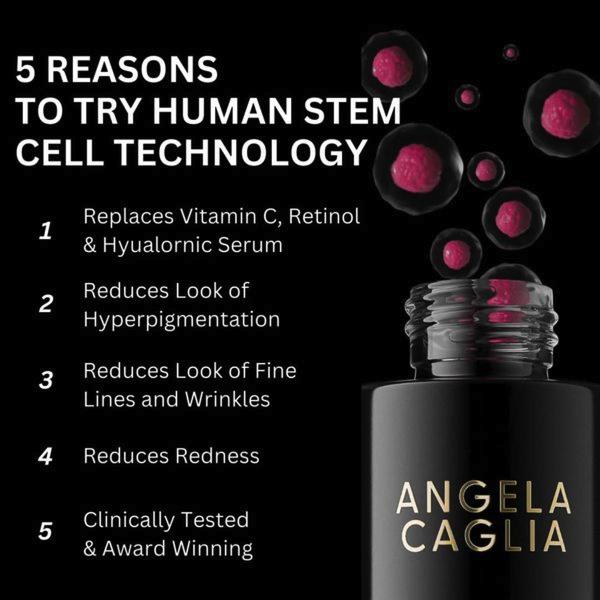 anti-aging serum, face serum, skincare serum, stem cell serum, wrinkle serum, anti-wrinkle treatment, facial treatment, product launch, social proof, minimalist, modern typography, luxurious, trustworthy, black, pink, gold