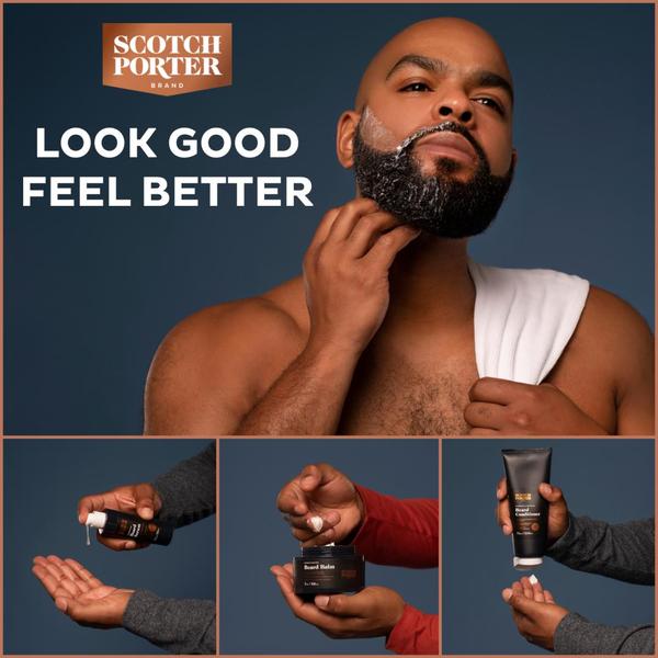 The creative displays a man applying a beard product, followed by a grid of hands applying various beard grooming items against a dark background.