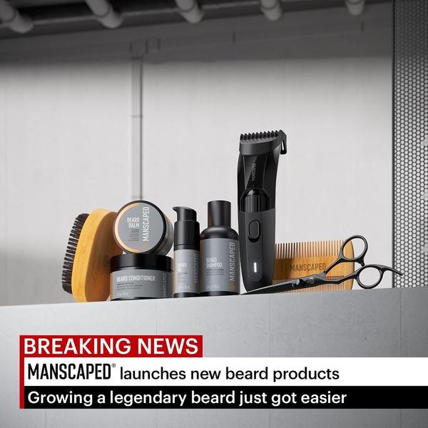 A high-quality studio shot of a complete beard care collection, featuring a trimmer, shampoo, conditioner, balm, and grooming tools on a clean ledge.