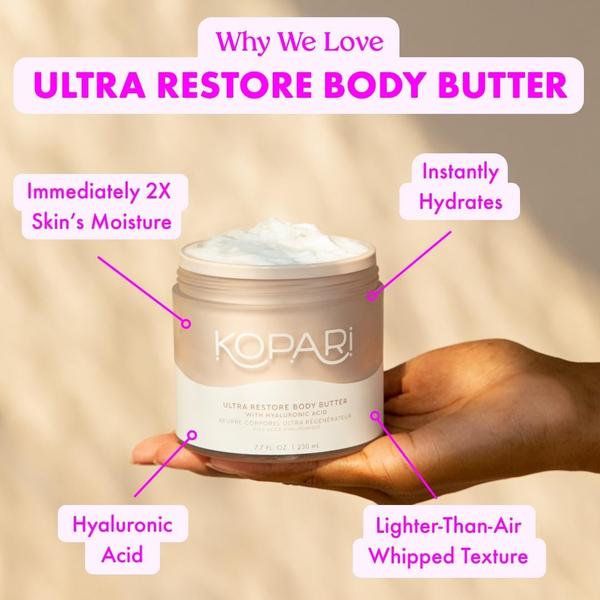 A high-contrast 1:1 product shot of body butter being held in an open hand, featuring four distinct callout bubbles identifying key product benefits.