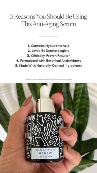 face serum, anti aging serum, facial serum, skincare serum, renew serum, hyaluronic acid serum, botanical serum, product launch, social proof, lifestyle, trustworthy, fresh, green, neutral