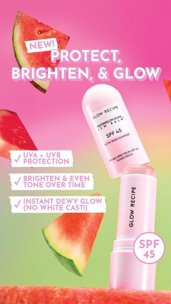sunscreen, spf cream, sun protection, facial sunscreen, glow balm, dewey balm, watermelon sunscreen, new arrival, product launch, flat lay, playful, fresh, pink, green