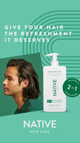 A clean, minimalist 9:16 vertical ad creative featuring a 2-in-1 shampoo and conditioner bottle alongside a model to illustrate refreshing hair care.