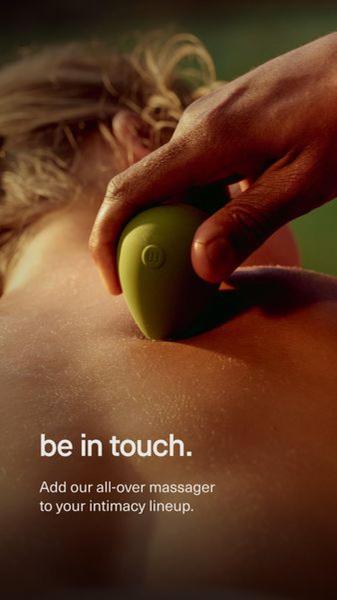 A close-up, high-sensory visual showing a hand using a handheld massager on a shoulder, paired with inviting, concise copy.