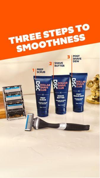 A clean, top-down product photography shot demonstrating a 1-2-3 shaving routine layout against a warm, minimalist background.