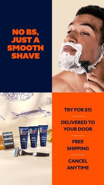 A vertical 9:16 ad creative split between a close-up shaving demonstration and a product kit display, highlighting the value of a simplified subscription model.