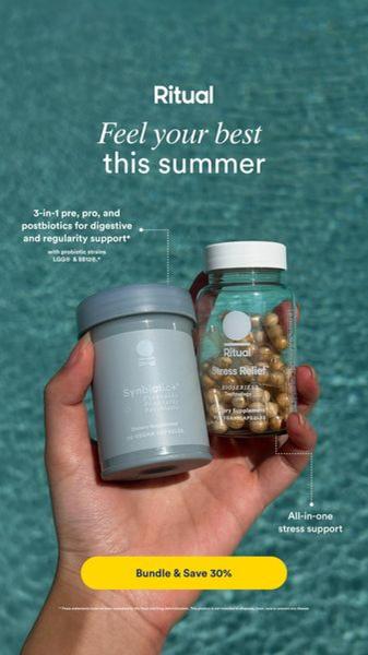 A close-up hand-held shot of two supplement bottles against a pool water background, emphasizing a seasonal 30% discount offer.
