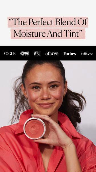 A beauty ad featuring a model holding a tinted product, fronted by a bold quote and editorial press logos to build instant trust.