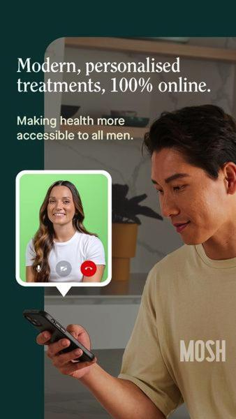 A 9:16 mobile-first ad showing a user on a smartphone during a video consultation with a medical professional, emphasizing accessibility and modern treatment.