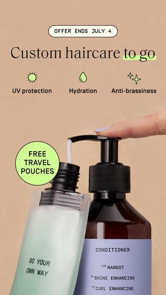 A close-up, high-quality product shot of a personalized conditioner bottle being pumped into a travel-size pouch, set against a soft, neutral backdrop.