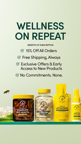 A clean, minimalist 9:16 layout showcasing a range of propolis supplement products with a clearly defined list of subscription perks.
