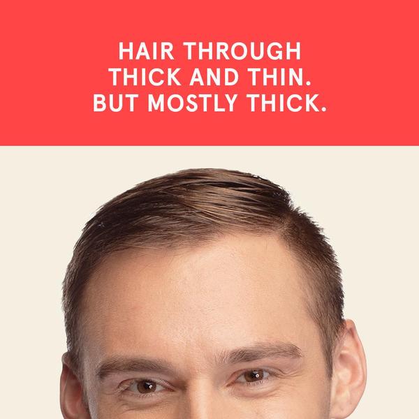 A clean, high-contrast square ad featuring a close-up of a well-groomed man paired with bold, humorous text about hair texture.