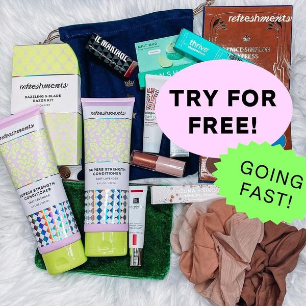 A top-down, organized flat-lay image showcasing a collection of beauty and personal care items, featuring clear text-based call-to-actions.