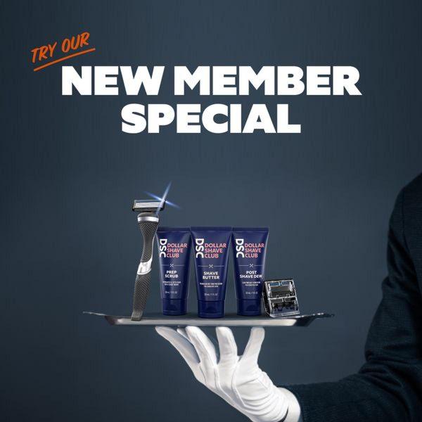 A high-contrast, professional studio shot of a shaving kit on a serving tray, presented as an exclusive member offer.