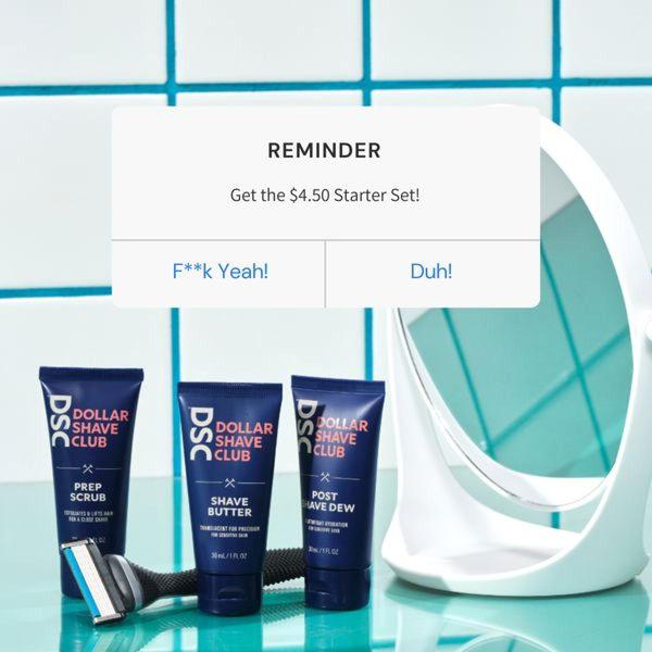 A clean, high-contrast creative presenting a starter set with direct call-to-action buttons in a simple, tiled-bathroom setting.