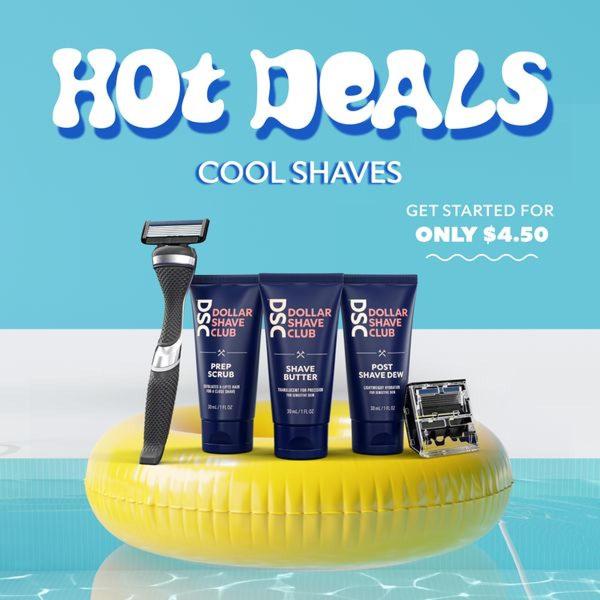 A 1:1 square ad creative showcasing a shaving kit on a yellow pool float against a light blue aquatic background.