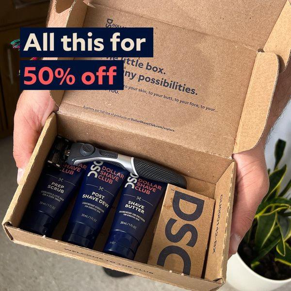 A close-up, top-down shot of a branded, open shipping box containing a razor, grooming creams, and shave butter, emphasizing a 50% off discount.