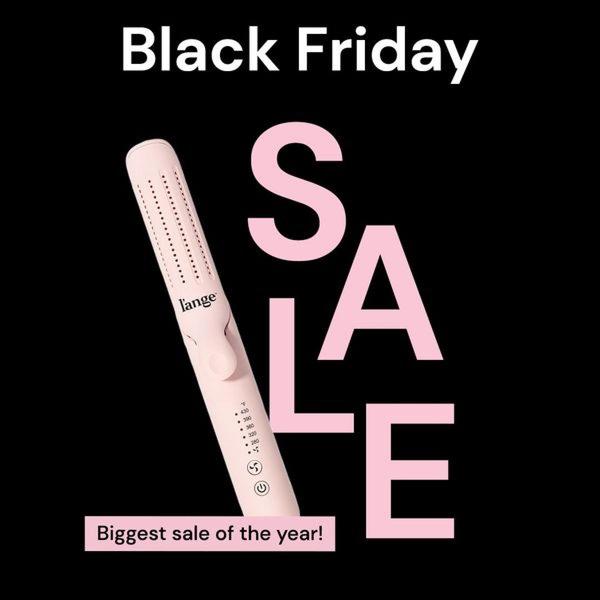 A clean, high-contrast promotional graphic featuring a pink flat iron on a black background with bold text announcing a seasonal sale.