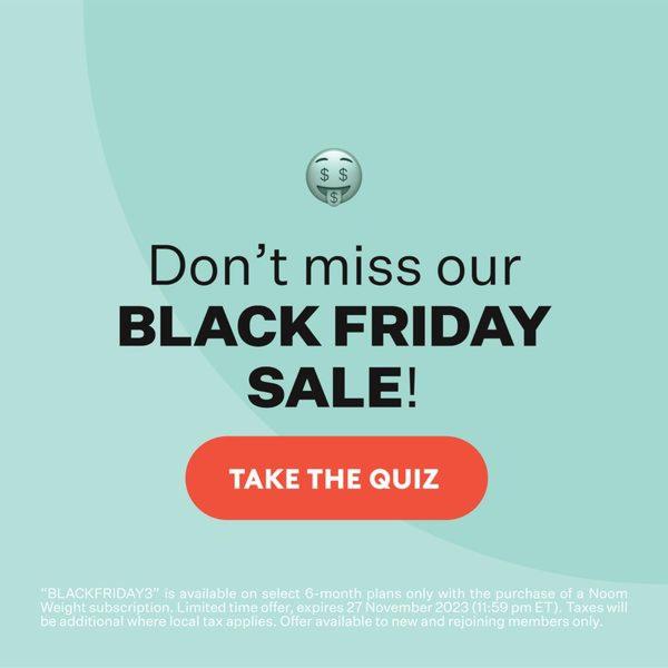 A minimalist, high-contrast promotional graphic featuring a seasonal Black Friday offer that directs users to a brand quiz.