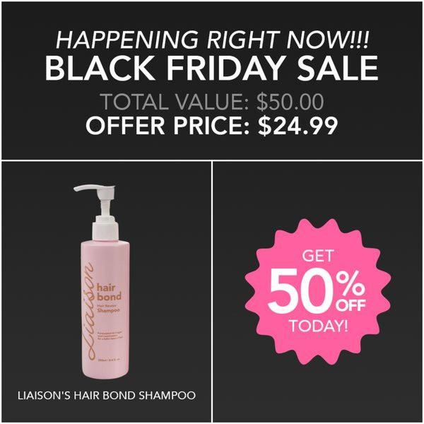 A high-contrast, minimalist promotional graphic for a hair shampoo featuring a clear value proposition, original price, and sale price.