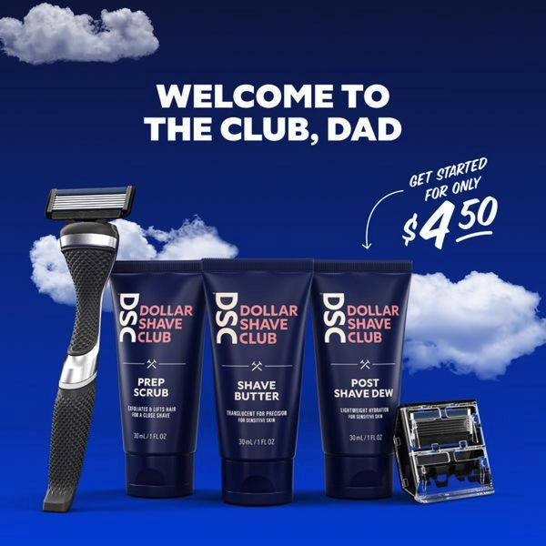 A clean, minimalist 1:1 square ad showcasing a complete shaving kit set with a bold promotional price callout and cloud-themed background.