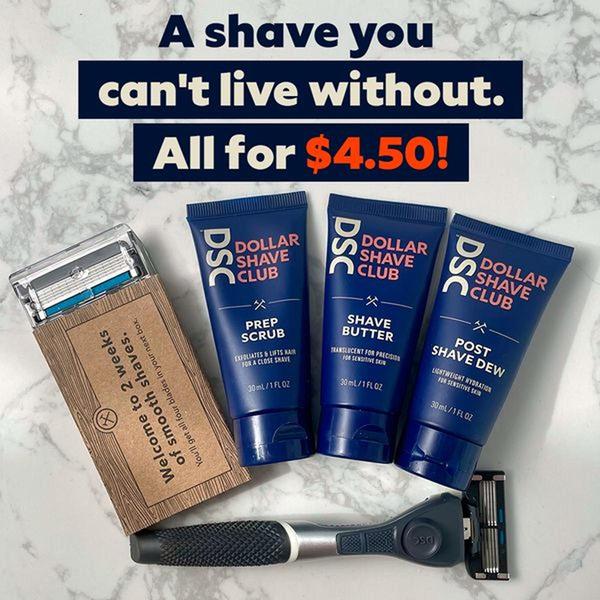 A flat-lay photograph of a complete shaving starter kit against a marble background, clearly highlighting the price point and included items.