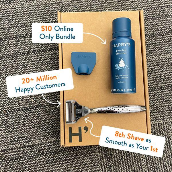 A top-down, clean product shot showcasing a shaver, blade cartridge, and shave gel, featuring social proof and offer callouts.