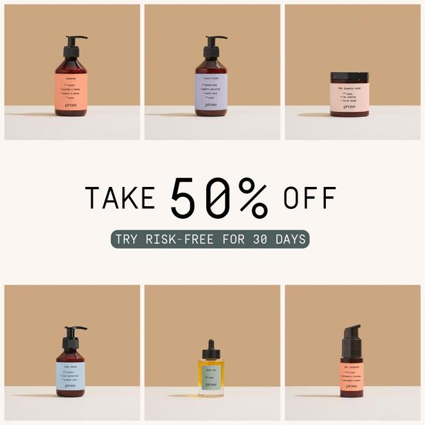 A clean, minimalist 1:1 square ad showcasing six different hair care bottles arranged in a grid with a bold 50% off offer and a risk-free trial CTA.
