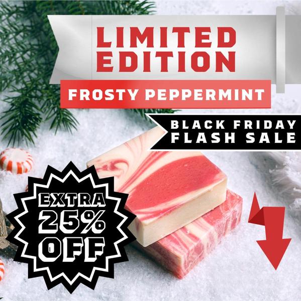 A square-format holiday-themed ad for a limited edition soap, featuring a high-contrast red and white color palette and clear discount messaging.