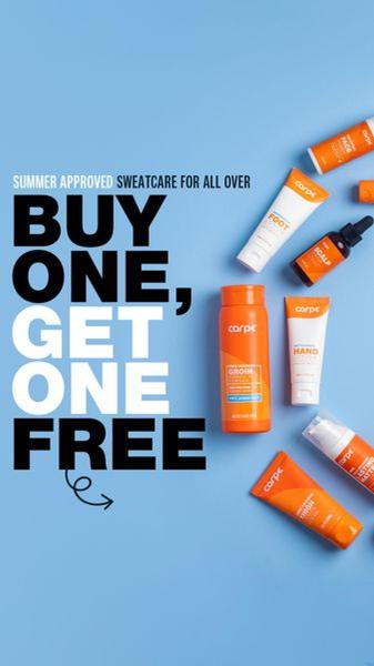 skincare products, body care, personal care products, grooming products, beauty products, bundle offer, flat lay, fresh, energetic, blue, orange, summer sale