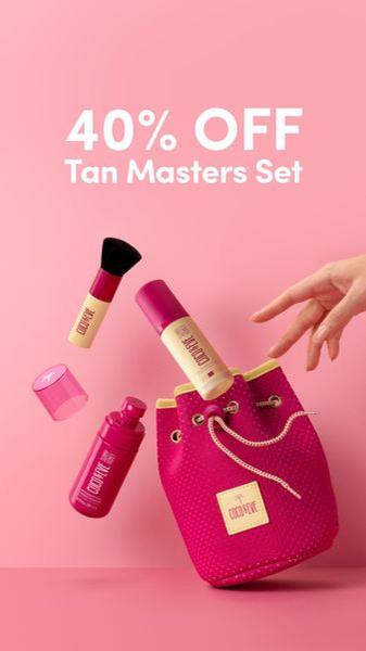 A high-contrast, vertical 9:16 ad layout featuring a self-tanning set floating against a solid pink background with a clear discount overlay.