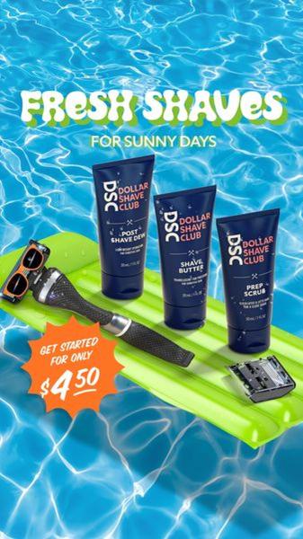 A top-down, high-energy product shot featuring a razor, shave butter, and prep scrub floating on a bright green pool floatie.