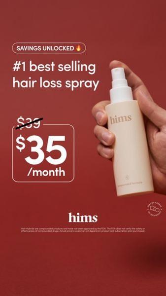 A vertical ad creative featuring a hand holding a bottle of hair loss spray against a solid dark red background with clear, discount-focused messaging.