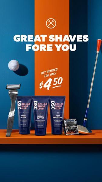 A vertically oriented advertisement featuring a shaving kit alongside golf equipment, utilizing a high-contrast orange and blue color palette.