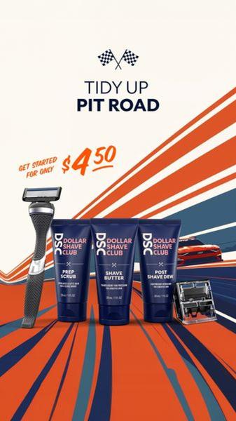 A vertical 9:16 ad featuring a complete shaving kit setup against a racing-inspired background to emphasize speed and precision.