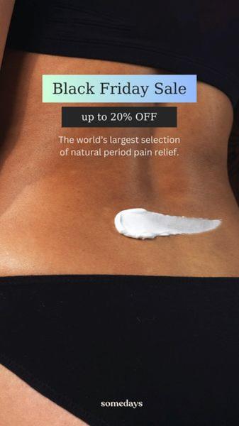 A close-up, minimal lifestyle shot featuring a topical pain relief cream applied to the lower back, promoting a Black Friday sale.