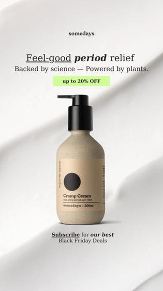 A high-contrast, minimalist studio product shot featuring a pump bottle of cramp cream set against a textured white background with clear promotional text.