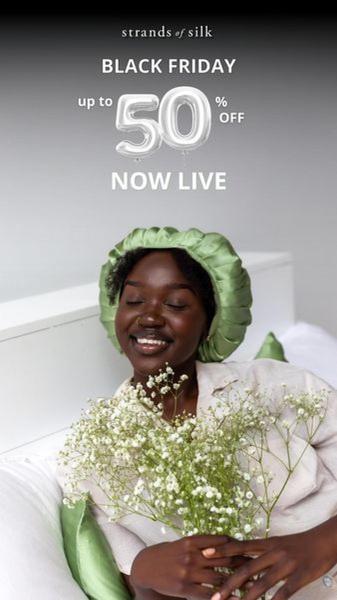 A clean, minimalist 9:16 vertical ad creative announcing a 50% off Black Friday sale for a silk bonnet brand.