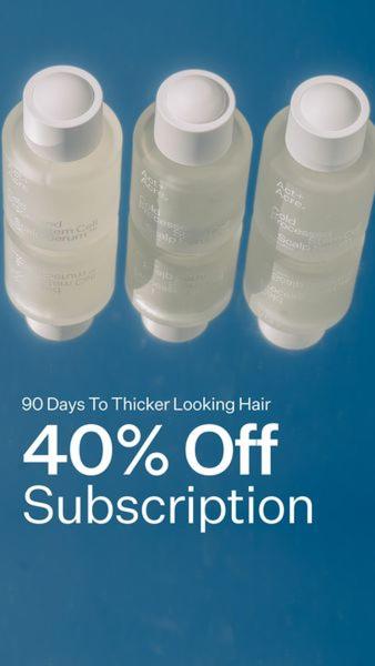A high-contrast, blue-toned 9:16 vertical ad showing three scalp serum bottles with a clear subscription discount overlay.