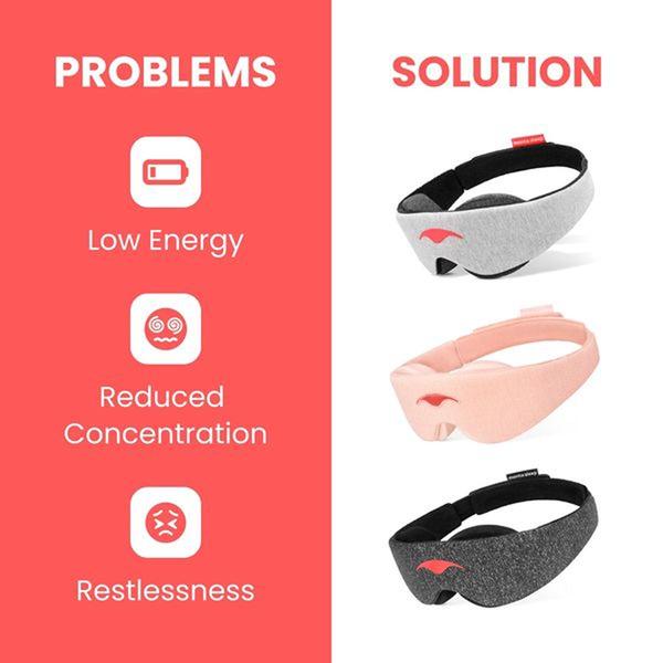 A split-screen creative that clearly contrasts common user pain points like low energy with the immediate relief provided by the sleep mask.